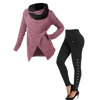 

Colorblock Shawl Neck Asymmetric Long Sleeve Heathered Knit Top And High Rise Pocket Snap Button Leggings Outfit, Multicolor