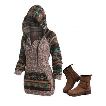 

Hooded Tribal Pattern Raglan Sleeve Sweater And Zipper Lace Up Ankle Boots Outfit, Coffee
