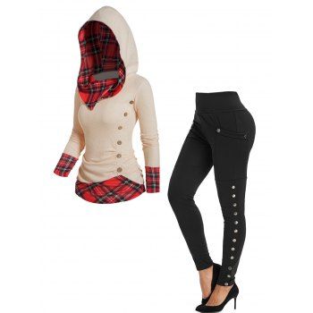 

Plaid Print Mock Button Textured Long Sleeve Hooded Top And High Rise Pocket Snap Button Leggings Outfit, Multicolor