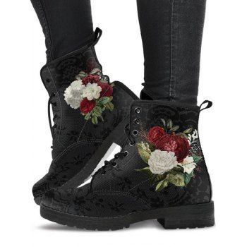 

Flower Print Lace Up Warm Ankle Boots, Black