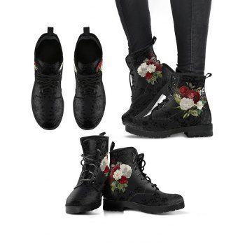 Flower Print Lace Up Warm Ankle Boots