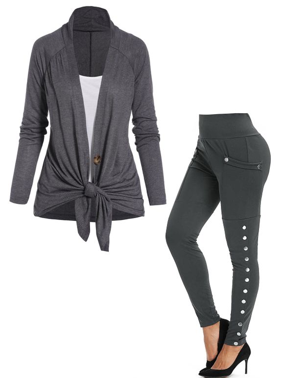 Ensemble Haut Camisole de Base à Manches Longues avec Bouton-Pression et Legging à Coupe Haute avec Poche - Gris S