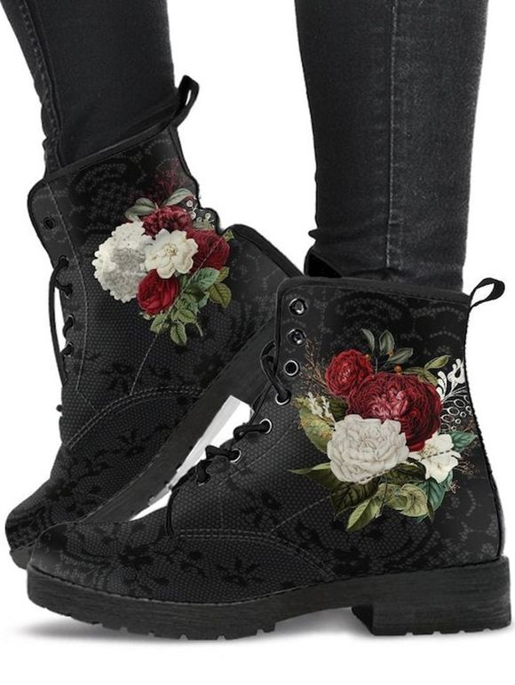 Flower Print Lace Up Warm Ankle Boots - BLACK EU 41