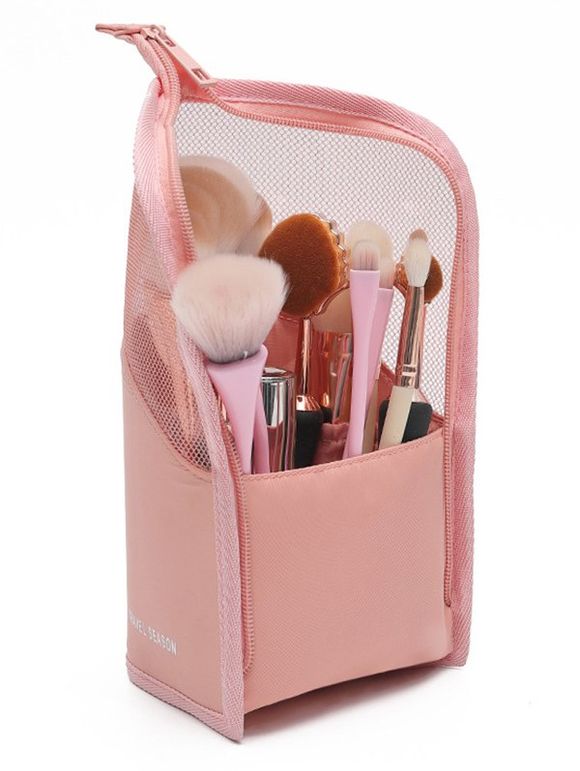 Sac pour Pinceaux à Maquillage en Maille avec Large Fermeture Éclair - Rose clair 