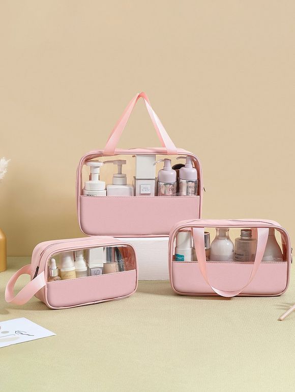 3 Pièces Sac de Rangement de Voyage Portable Extensible avec Grande Capacité en PVC - Rose clair 