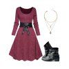 Ensemble de Robe Ceinturée Trapèze à Taille Haute et Collier à Imprimé Lune Arbre Bottes Punk à Talons Epaisses - Rouge foncé S