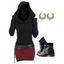 Hooded Two Tone Cinched Belted Bodycon Mini Dress And Floral Heart Cut Out Earrings Chunky Heel Punk Boots Outfit - BLACK S