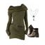 Cowl Neck Hooded Belted Long Knit Dress And Layered Moon Necklace Punk Chunky Heel Boots Outfit - DEEP GREEN S