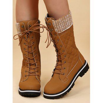 

Non-slip Knit Panel Lace Up Mid Calf Boots, Coffee