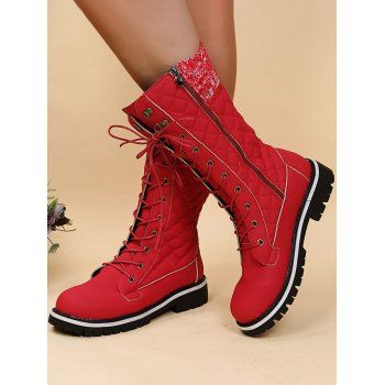 

Non-slip Knit Panel Lace Up Mid Calf Boots, Red