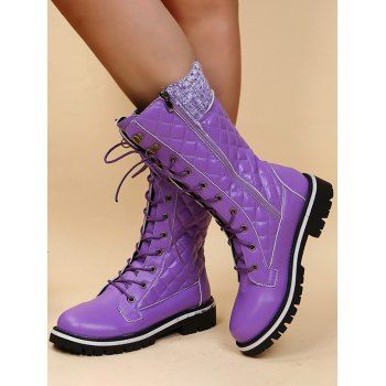 

Non-slip Knit Panel Lace Up Mid Calf Boots, Purple