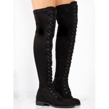Solid Color Lace Up Over The Knee Boots
