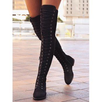 

Solid Color Lace Up Over The Knee Boots, Black