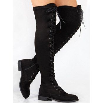 Solid Color Lace Up Over The Knee Boots 