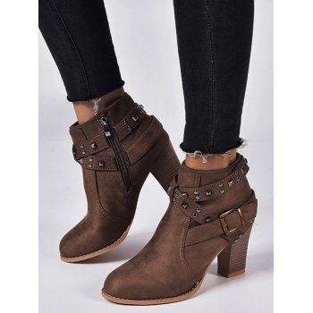 

Rivets Cross Straps Zip Up Chunky Heel Boots, Deep coffee