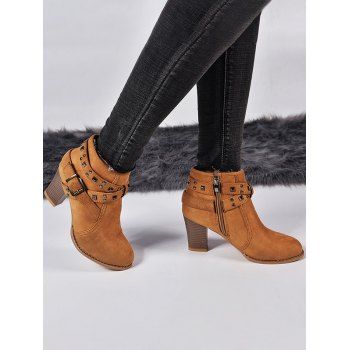 

Rivets Cross Straps Zip Up Chunky Heel Boots, Coffee