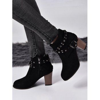 

Rivets Cross Straps Zip Up Chunky Heel Boots, Black