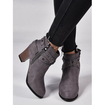 

Rivets Cross Straps Zip Up Chunky Heel Boots, Gray