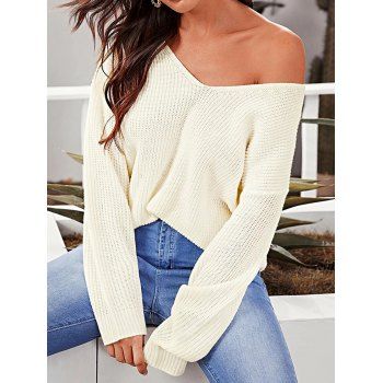

Solid Color V Neck Sweater Crisscross Backless Casual Sweater, Light yellow