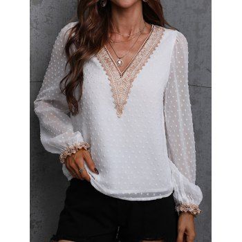 

Swiss Dots Chiffon Long Sleeve Blouse Contrasting Floral Embroidery V Neck Blouse, White