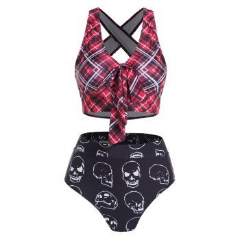 

Plaid Skull Print Tummy Control Bikini Swimsuit Bowknot Crossover High Waist Bathing Suit, Red