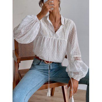

Swiss Dots Tassel Drawstring Blouse Floral Lace Panel Long Sleeve Blouse, White
