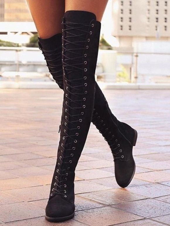 Solid Color Lace Up Over The Knee Boots - Noir EU 42