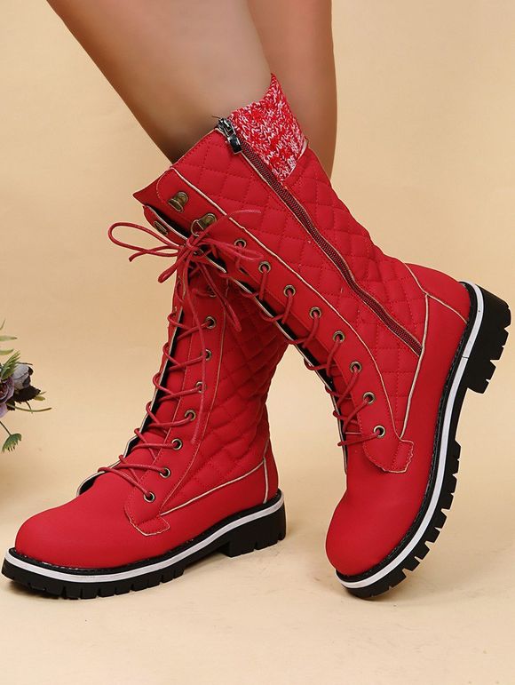 Non-slip Knit Panel Lace Up Mid Calf Boots - Rouge EU 39