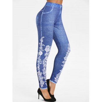 

Flower Faux Denim 3D Print Jeggings High Waist Casual Skinny Long Leggings, Blue