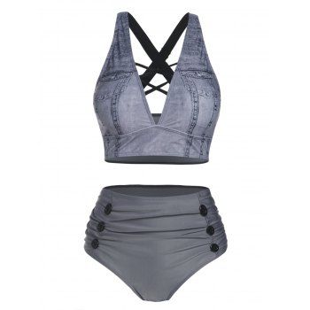 

Faux Denim 3D Print Bikini Swimsuit Lattice Crossover Two Piece Swimwear Mock Button High Waist Bathing Suit, Gray