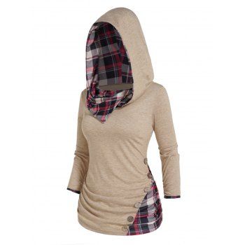 

Heather Hooded Top Plaid Print Panel Ruched Mock Button Long Sleeve Top With Hood, Light coffee