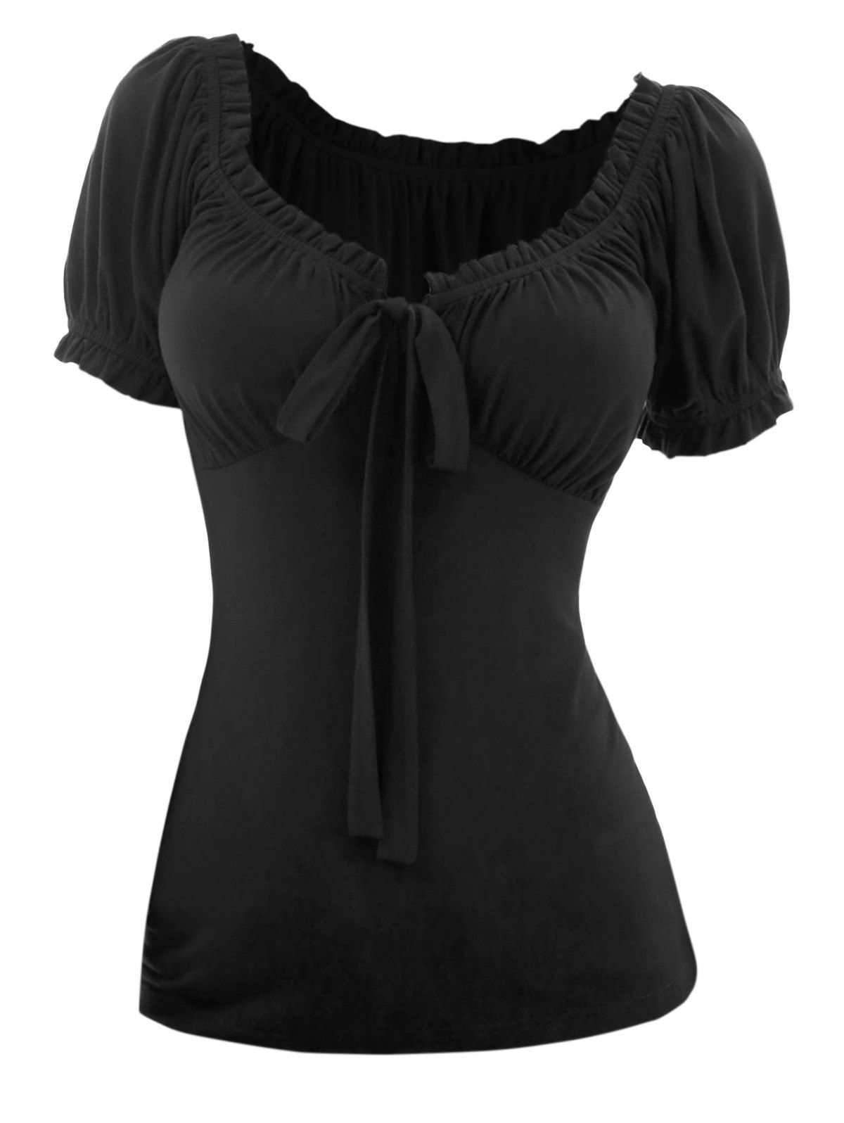 Short Sleeve Solid Color T-shirt Ruffles Bowknot Ruched Empire Waist Tee - BLACK S