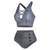 Maillot de Bain Bikini Croisé à Imprimé 3D Denim à Taille Haute Faux Bouton Deux Pièces - Gris XL