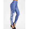 Legging Décontracté Long Moulant à Imprimé 3D Fleur à Taille Haute en Faux Denim - Bleu XL