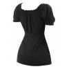 Short Sleeve Solid Color T-shirt Ruffles Bowknot Ruched Empire Waist Tee - BLACK S