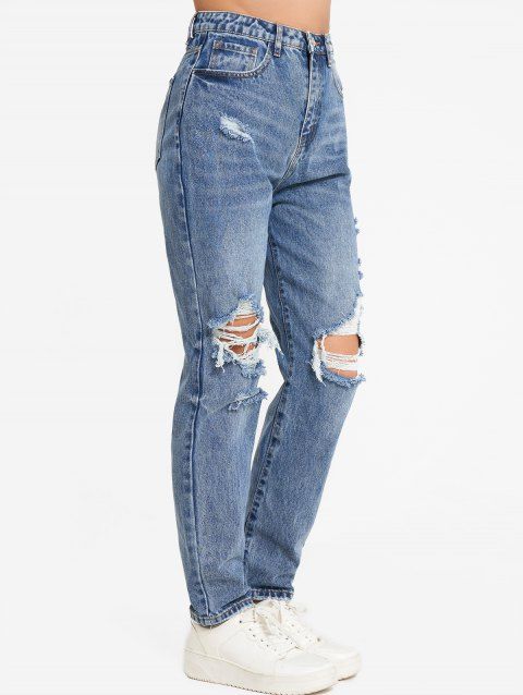 Ripped Jeans Zipper Fly High Waisted Pockets Straight Leg Distressed Long Denim Pants