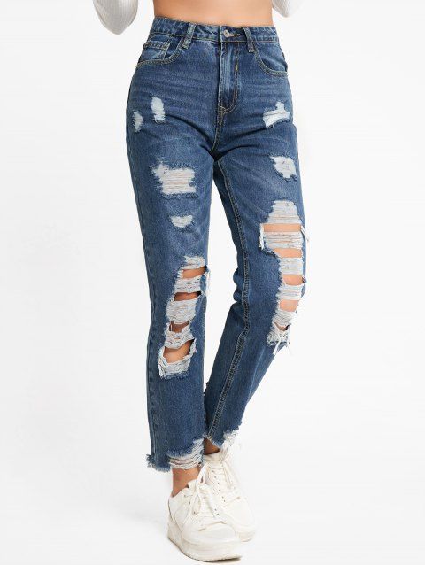 Distressed Ripped Jeans Zip Fly Frayed Hem Destroy Wash Denim Pants