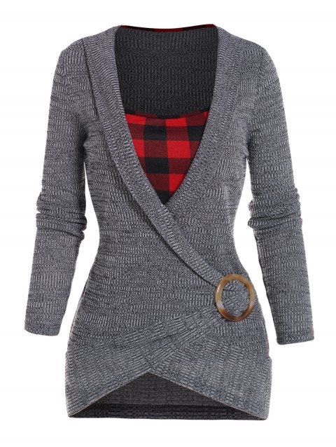Plaid Knit Faux Twinset Top O-ring Crossover Long Sleeve Knitted Twofer Top
