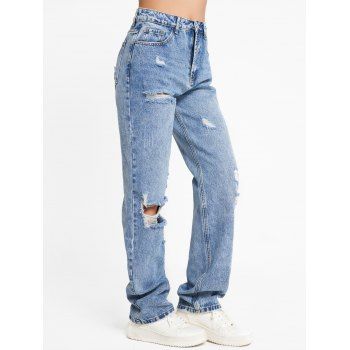 

Distressed Ripped Wide Leg Jeans Zip Fly Destroy Wash Long Loose Denim Pants, Blue
