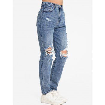 

Ripped Jeans Zipper Fly High Waisted Pockets Straight Leg Distressed Long Denim Pants, Deep blue