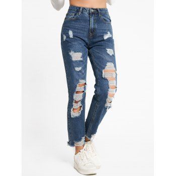 

Distressed Ripped Jeans Zip Fly Frayed Hem Destroy Wash Denim Pants, Deep blue