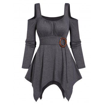 

Cold Shoulder Asymmetric Top O-ring Belt Square Neck High Waist Long Sleeve Top, Gray