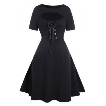 

Plus Size Dress Cut Out Lace Up High Waisted Short Sleeve Scoop Neck A Line Mini Dress, Black