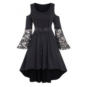 

Plus Size Dress Lace Panel Flare Sleeve Lace Up High Waisted Cold Shoulder High Low Midi Dress, Black