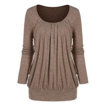 

Pleated Long Sleeve Top Scoop Neck Casual Top, Light coffee