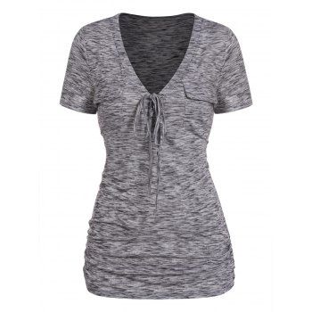 

Lace Up Plunging Neck Knit Tee Ruched Pocket Patches Short Sleeve Long Knitted T-shirt, Gray