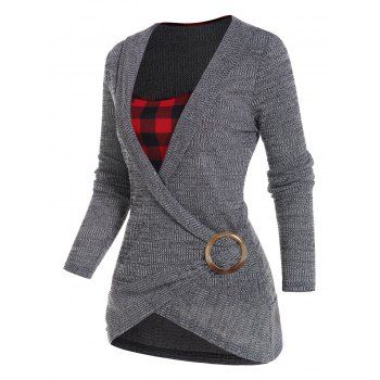 Plaid Knit Faux Twinset Top O-ring Crossover Long Sleeve Knitted Twofer Top 