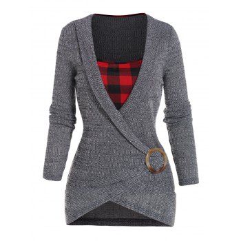 

Plaid Knit Faux Twinset Top O-ring Crossover Long Sleeve Knitted Twofer Top, Gray