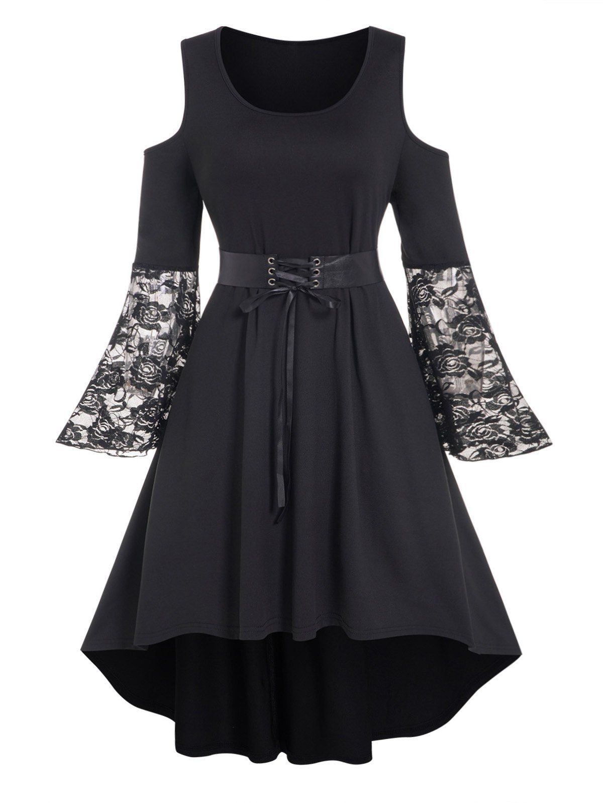 Plus Size Dress Lace Panel Flare Sleeve Lace Up High Waisted Cold Shoulder High Low Midi Dress - BLACK 3X