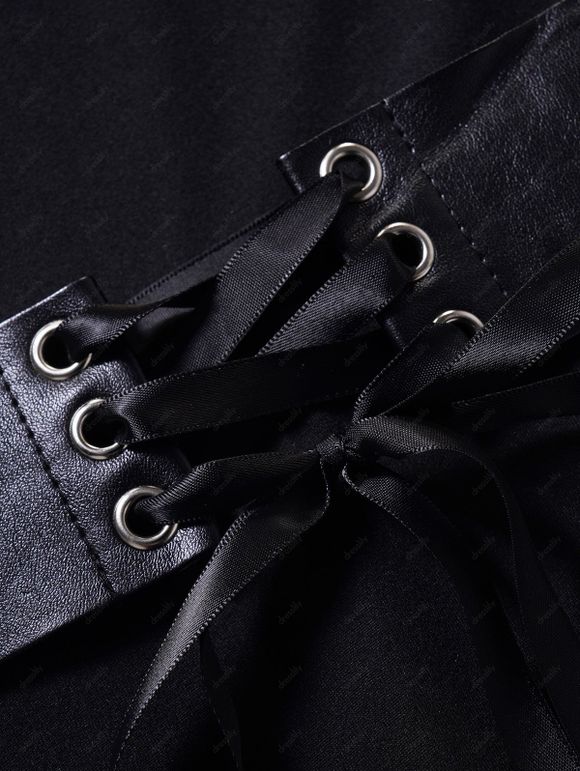 Robe Mi-Longue Haute Basse Panneau en Dentelle Epaule Dénudée à Manches Evasées Grande Taille - Noir 1X